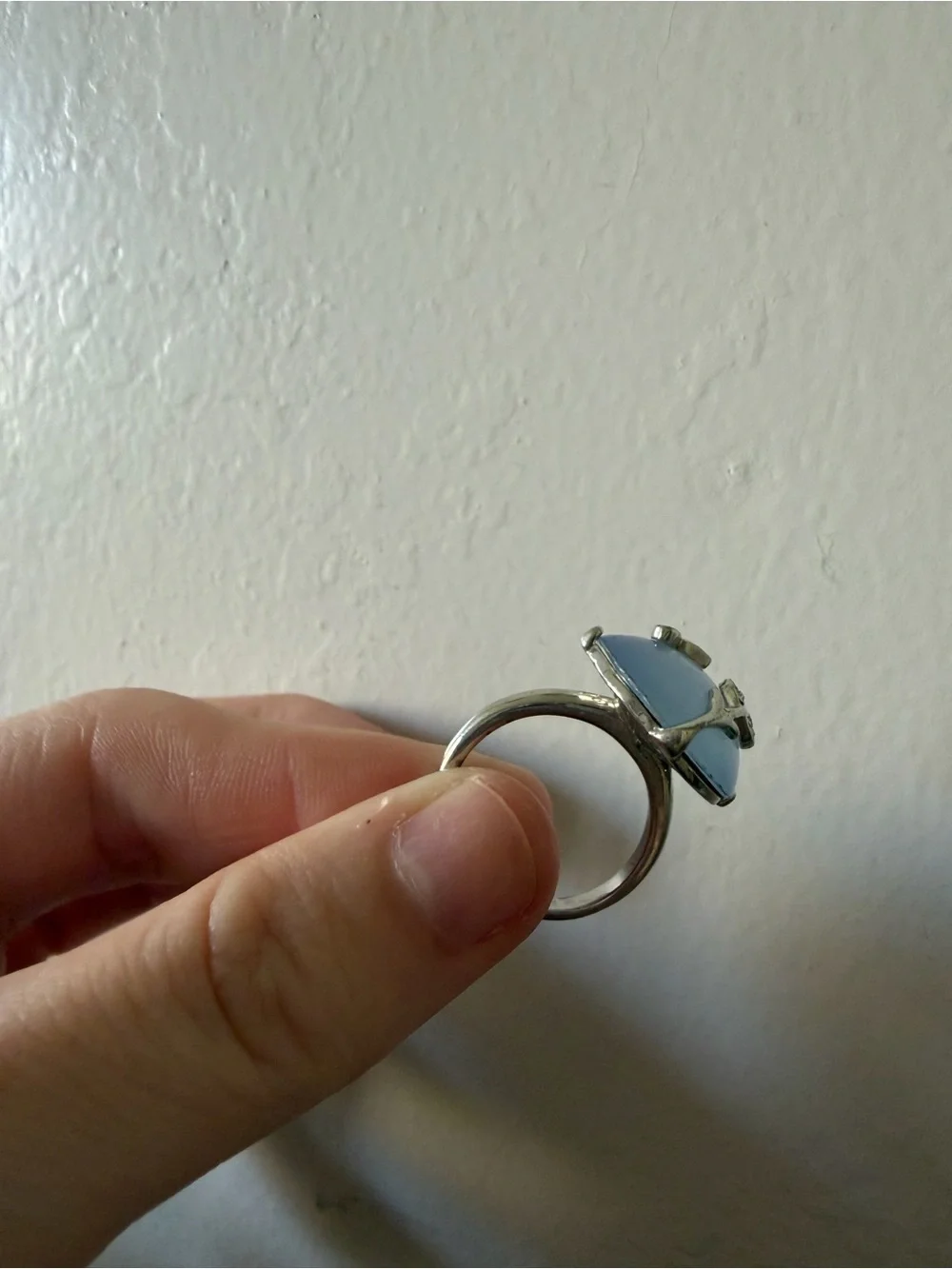 Blue Cabochon Statement Ring Silver Tone Vine Leaf Clear Accent Stones